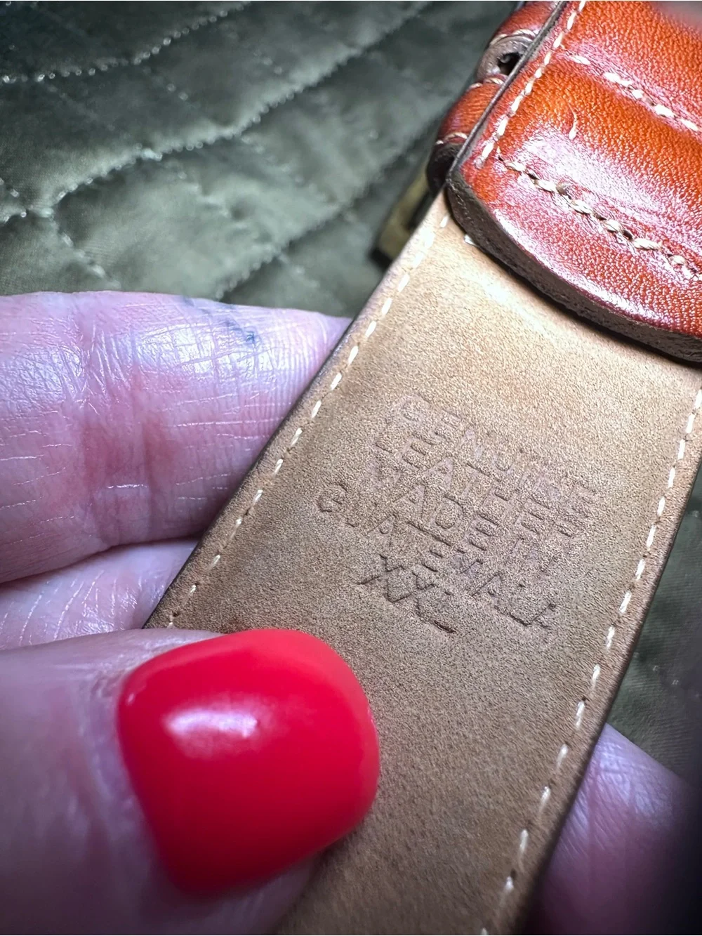 Vintage Leather Cognac XXL Belt Polished Gold Square Buckle Stitched Edges